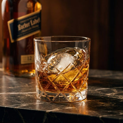 The Oember Vortex on a dark marble bar with whiskey swirling around an ice sphere